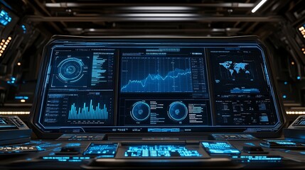 Obraz premium Futuristic control panel with glowing blue data displays and graphs in a dark room.