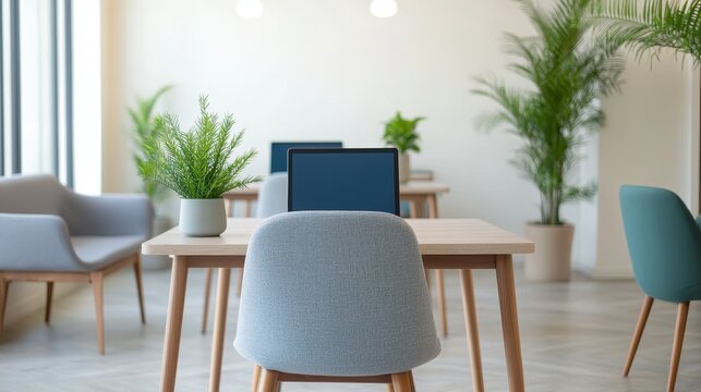 A modern, minimalist workspace featuring chairs, tables, and greenery, promoting a productive and inviting atmosphere.