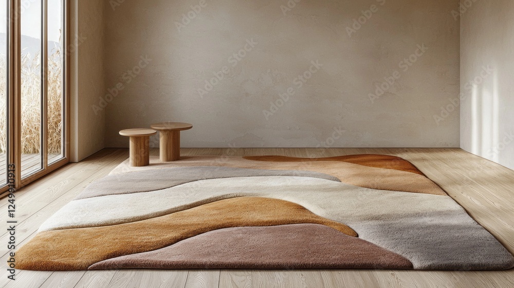 Poster soft organic shapes of the large area rug bring warmth and tranquility to the spacious minimalist in