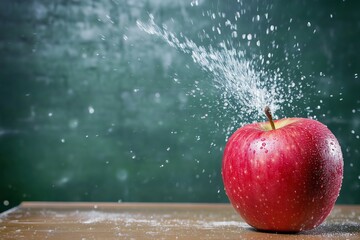 Red apple burst with water droplets in a classroom setting