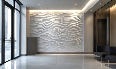 Modern interior with wavy wall panels and sleek furniture design