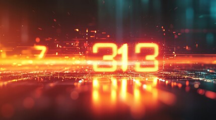 Glowing digital number 313 on a futuristic circuit board. Abstract background.