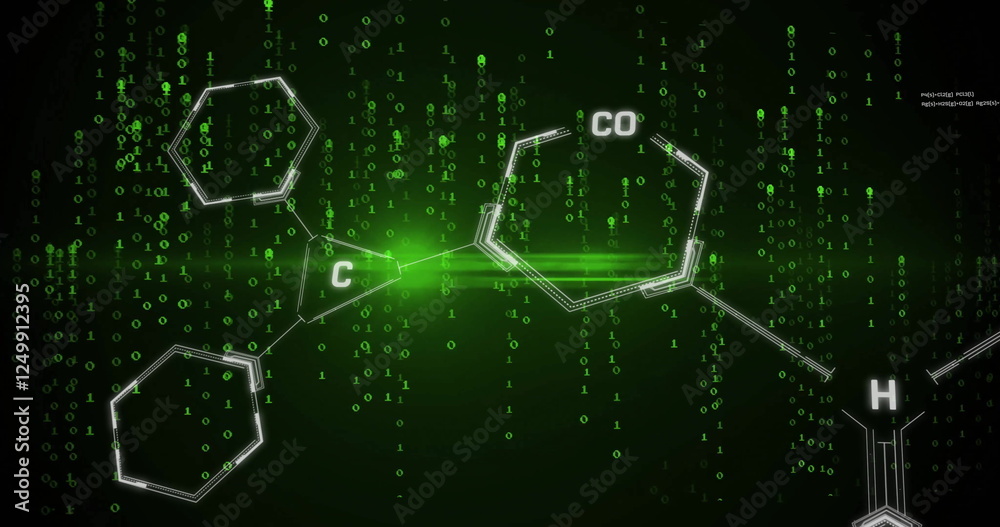 Poster chemical structure and binary code image over green background
