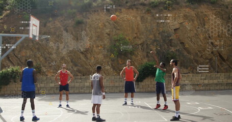 Playing basketball on outdoor court, data processing image over players