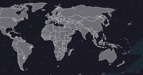 World map with data points and connections image over dark background