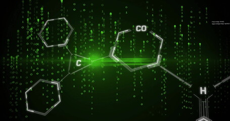 Chemical structure and binary code image over green background