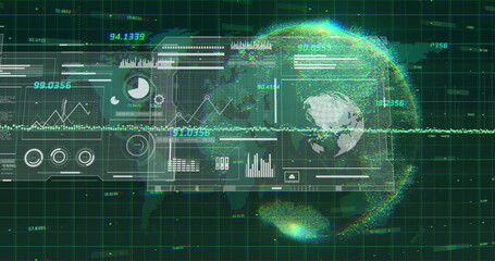 Global data analytics and statistics image over world map and digital grid