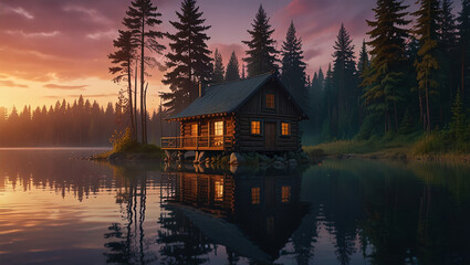 Obraz premium wooden house by the lake at sunset