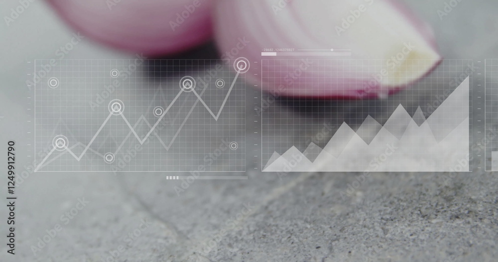 Poster Graph and bar chart image over close-up of sliced red onions