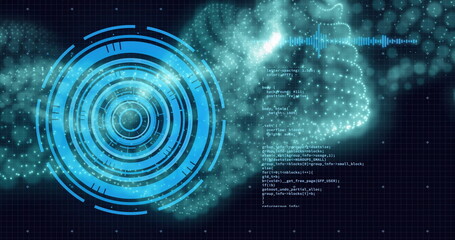 Futuristic digital interface with rotating circles and code image over grid background