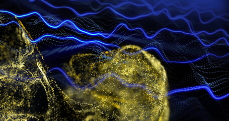 Golden particles forming abstract shape over blue wave image