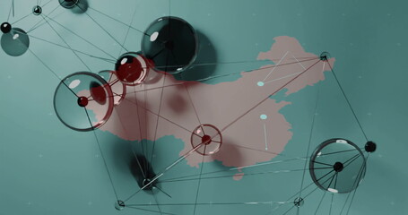 Network connections and data nodes image over map of China