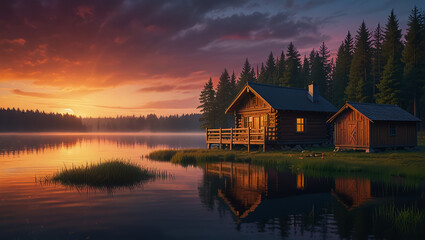 Fototapeta premium wooden house by the lake at sunset