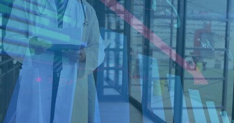 Doctor holding clipboard, medical data analysis image over hospital corridor