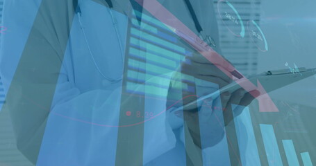 Doctor writing on clipboard over bar graph and data analysis image