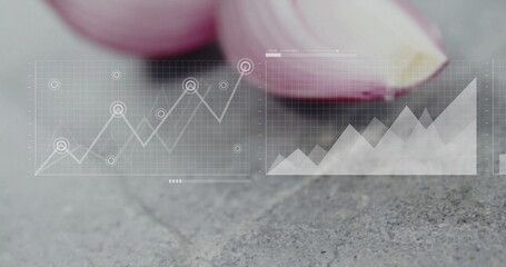 Graph and bar chart image over close-up of sliced red onions