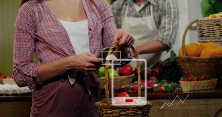 Shopping for groceries, woman holding basket and scanning product, data analysis image