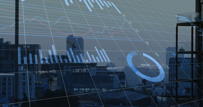 Financial data charts and graphs image over cityscape