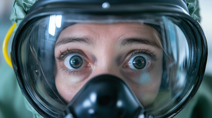 Person in safety gear looks directly at the camera with wide eyes while preparing for a critical task in a laboratory environment generated  AI