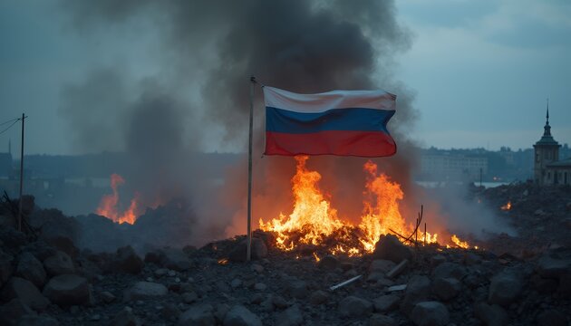 Burning Russian Flag Amidst Ruins and Smoke Symbolizing Conflict and Destruction