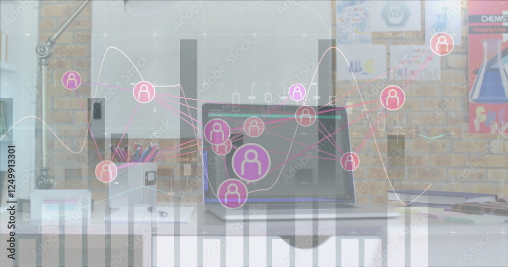 Poster image of connections and data processing over computer in office