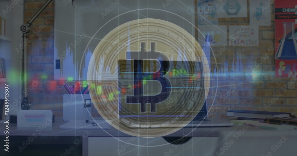 Poster image of bitcoin and data processing over computer in office