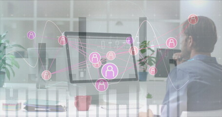 Image of connections and data processing over caucasian businessman with computer in office