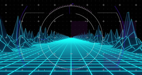 Image of scope scanning over digital mountains on black background