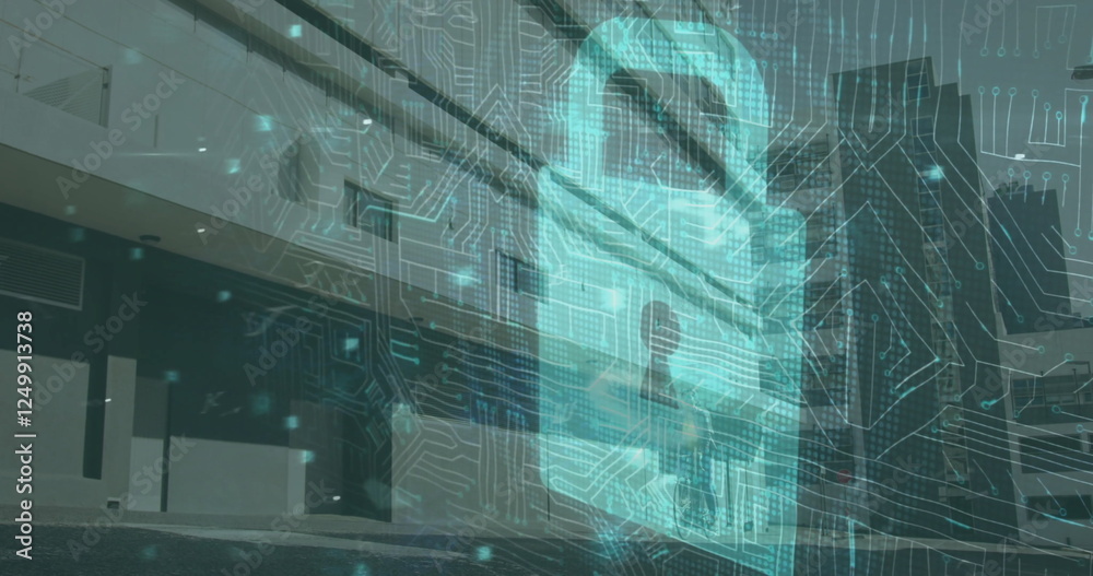Aufkleber image of data processing with padlock icon and computer circuit board over cityscape