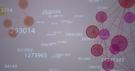 Image of network of connections with icons and data processing over white background