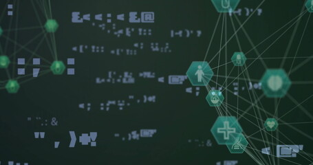 Image of network of connections with icons and data processing over black background