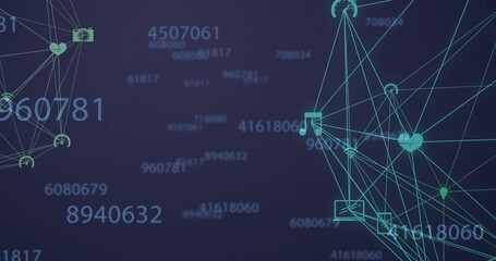 Image of network of connections with icons and data processing over blue background