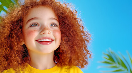 Young girl with curly red hair smiles brightly in a sunny outdoor setting surrounded by lush green foliage generated AI
