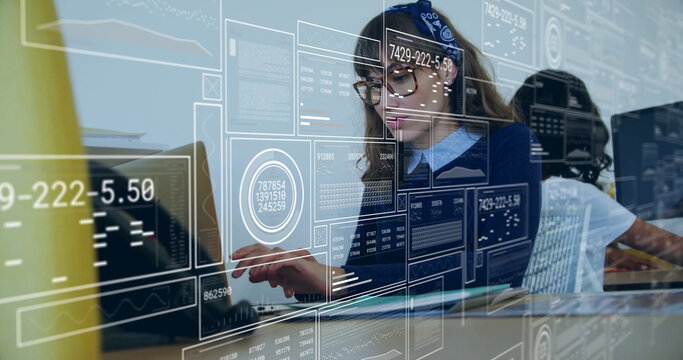 Image of data processing over diverse colleagues working in office - Powered by Adobe