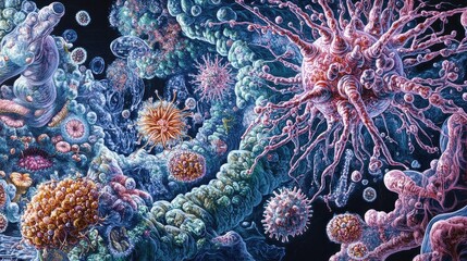 Fototapeta premium A high-detailed medical illustration of the immune system fighting an infection, featuring white blood cells surrounding pathogens. The interconnected network of immune responses is visualized in a sc