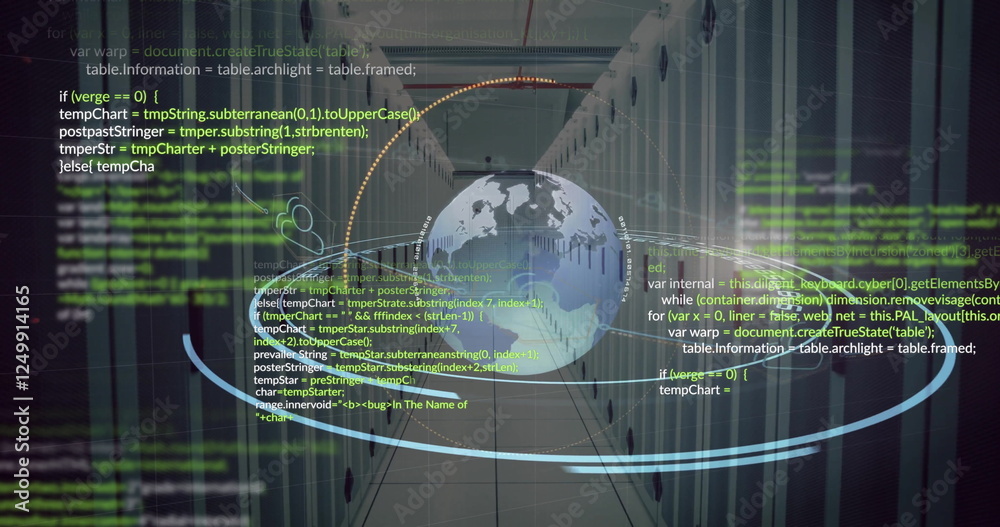 Poster image of globe and digital data processing over computer servers