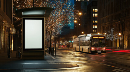 Marketing  billboard on the road , ,Blank Exterior Sign . Design Template. mockup style , blank white vertical digital billboard poster , bus station 