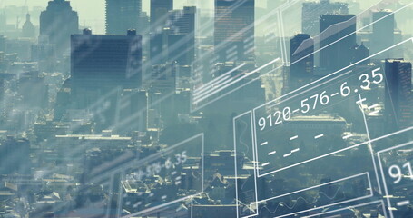 Image of financial data processing over cityscape