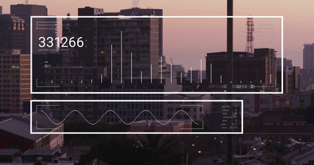 Image of financial data processing over cityscape