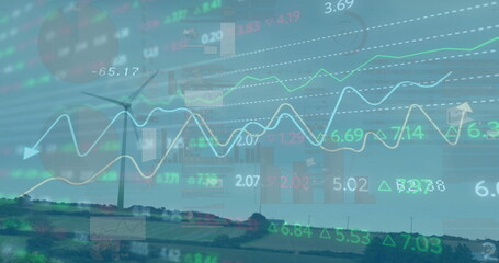 Image of financial data processing over wind turbine