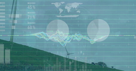 Image of financial data processing over wind turbines