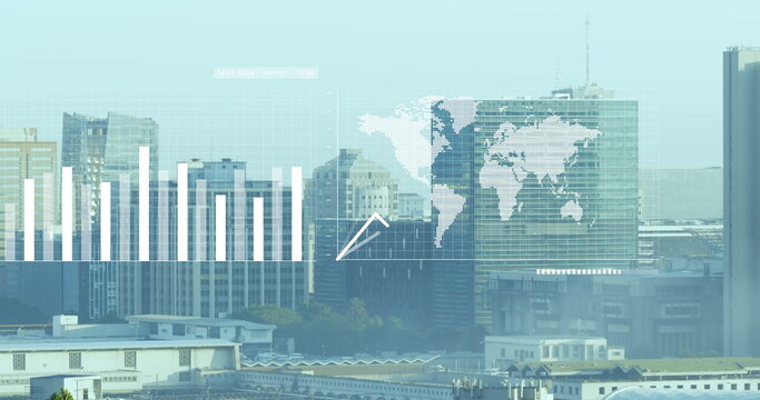 Image of financial data processing over cityscape