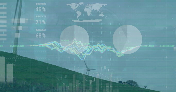Image of financial data processing over wind turbines