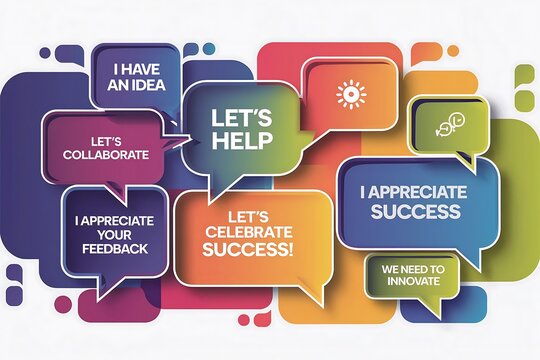 Colorful speech bubbles promote open communication and inclusivity in a workplace setting.