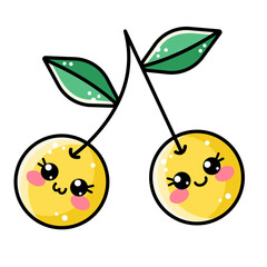 Kawaii character vector cute yellow little cherry. Sweet cute illustration for kids, children isolated on white background