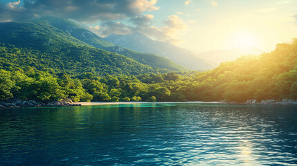 Unspoiled beaches with hidden gems, lush green hills, and crystal-clear waters create a tranquil escape. A modern, bright tone with a blurred background offers empty space for text or design.

