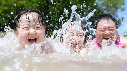 Obraz premium Children enjoy splashing water with a smiling adult during a sunny day at the beach in summer generated AI