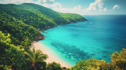 Unspoiled beaches with hidden gems, lush green hills, and crystal-clear waters create a tranquil escape. A modern, bright tone with a blurred background offers empty space for text or design.

