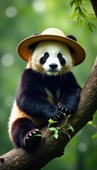 Obraz premium Giant panda in tree branch with bamboo hat and bamboo shoots, resting, giantpanda, animal