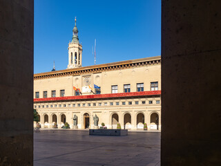 Fototapeta premium Zaragoza City Hall decorated with a large red bow. Aragon. Spain